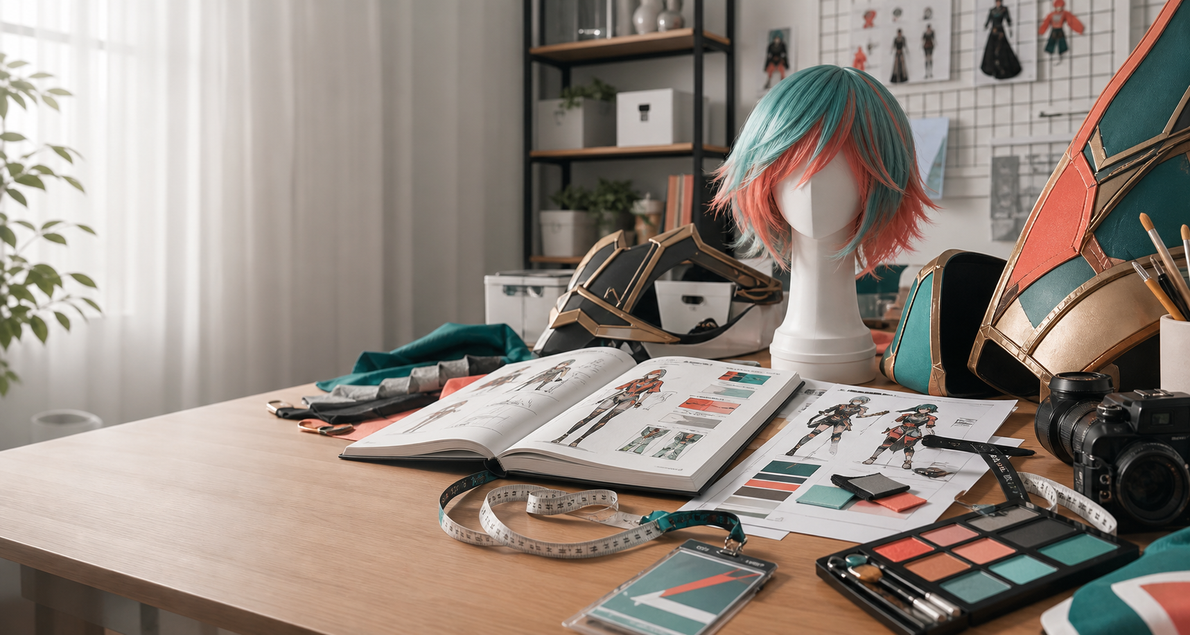 Cosplay planning studio desk with costume materials, wig stand, makeup palette, prop pieces, and planning sheets